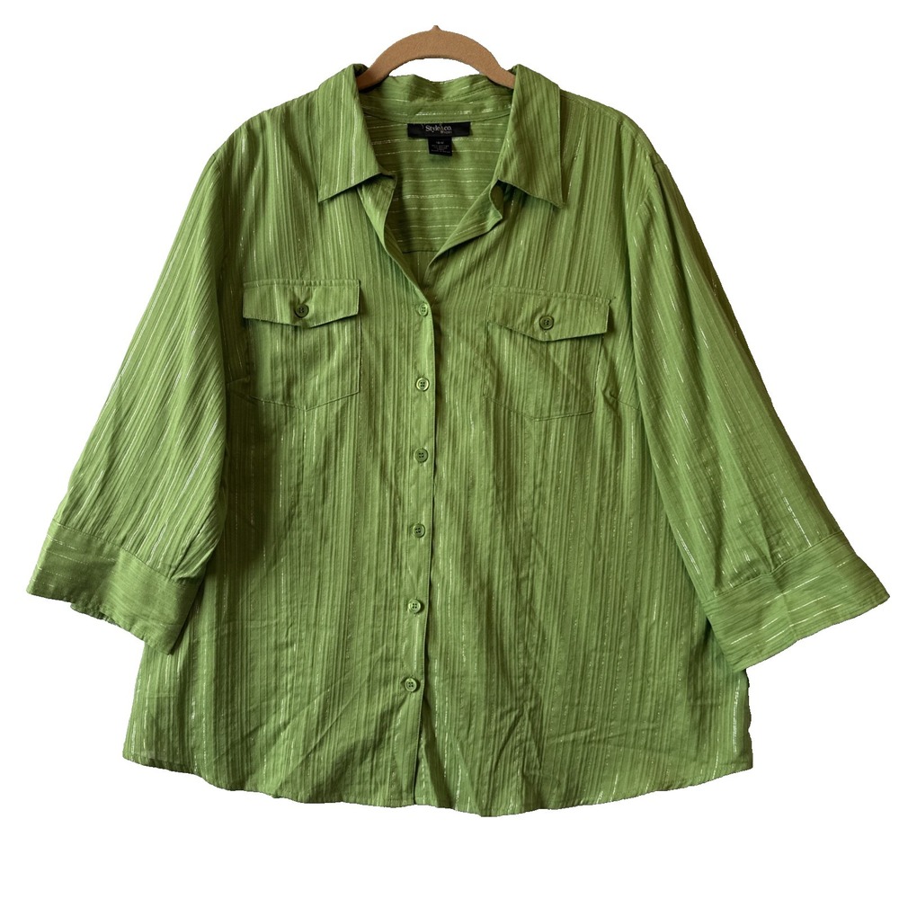 Style & Co Lime Green Metallic Pinstripe Utility Button Up Shirt 18W Y2K Retro
